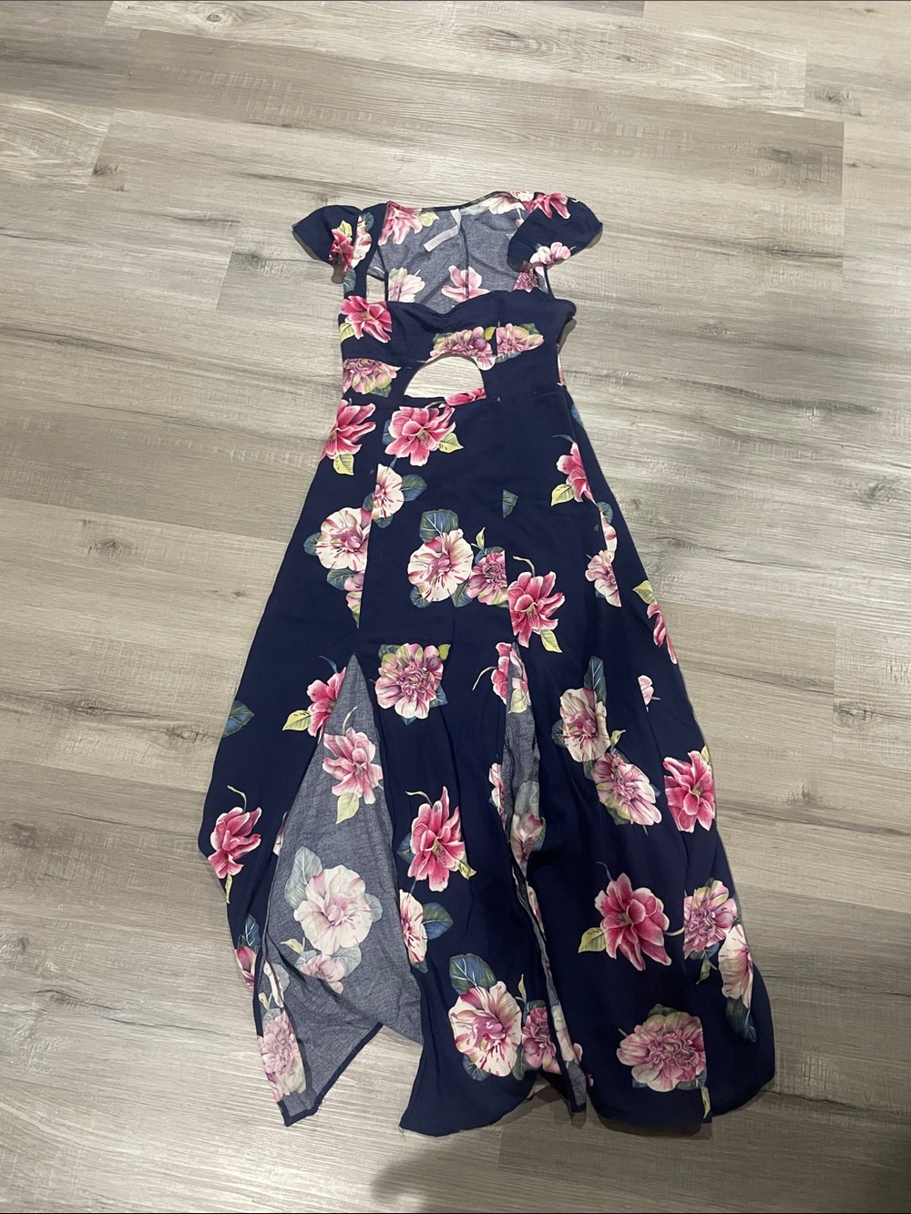 Reformation Navy Floral Tie-Front Maxi Dress with Pink Blossoms - Picture 2 of 5